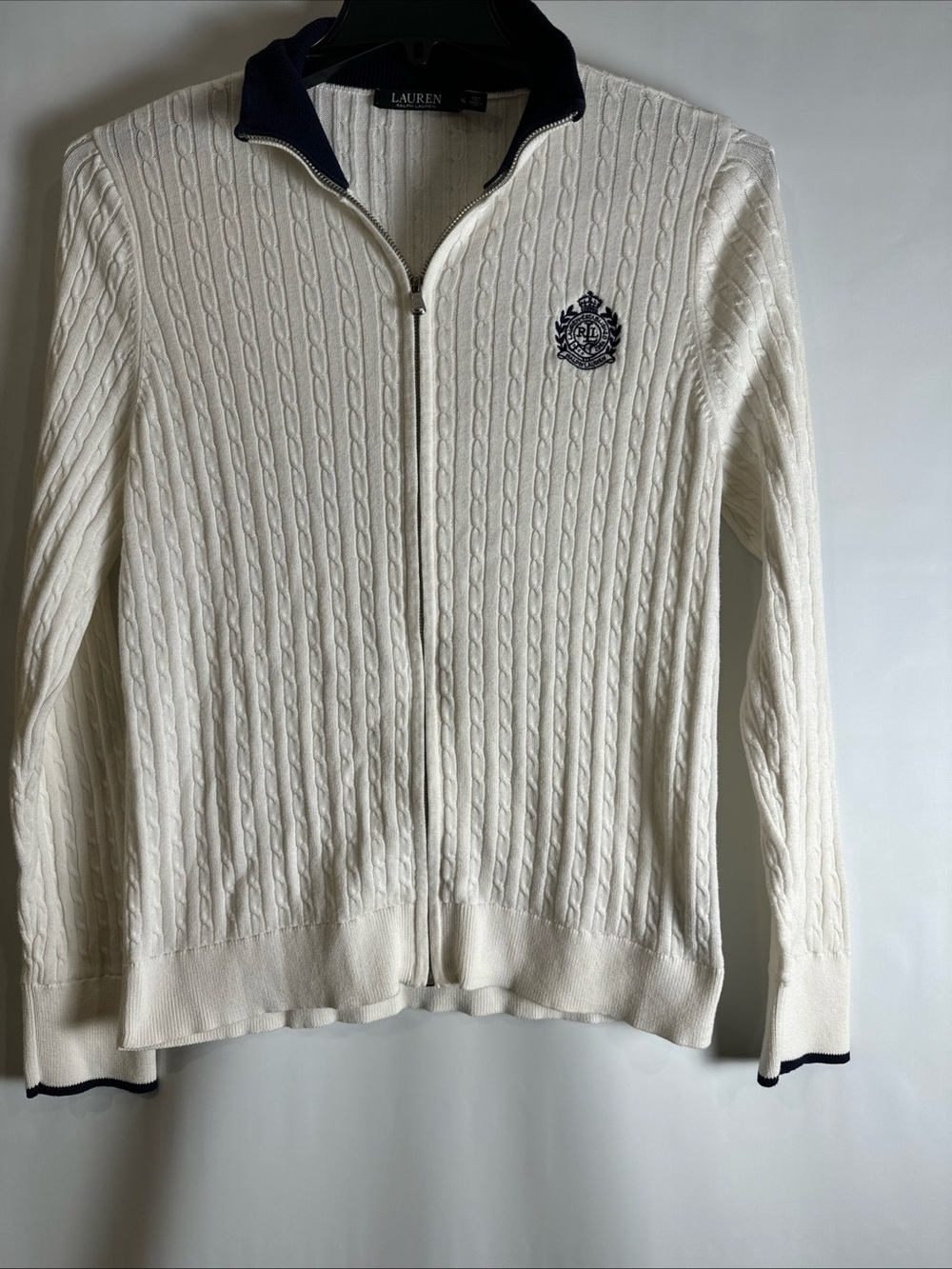 Ralph Lauren Cream Cable-Knit Zip-Up Sweater with Navy Crest Trim